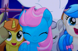 Size: 529x352 | Tagged: safe, derpibooru import, screencap, bulk biceps, nougat praliné, unnamed pony, wind whistler (g4), pegasus, pony, unicorn, my little pony: the movie, animated, background pony, cropped, cute, excited, eyes closed, female, gif, happy, heart, heart hoof, horses doing horse things, looking up, male, mare, open mouth, perfect loop, running, running in place, smiling, solo focus, spread wings, stallion, stomping, underhoof, wings