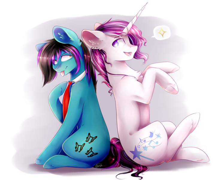Size: 3103x2500 | Tagged: safe, artist:magicalbrownie, derpibooru import, oc, oc:despy, oc:magical brownie, unofficial characters only, earth pony, pony, unicorn, high res, male, necktie, rule 63, sitting, stallion, tongue out