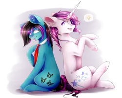 Size: 3103x2500 | Tagged: safe, artist:magicalbrownie, derpibooru import, oc, oc:despy, oc:magical brownie, unofficial characters only, earth pony, pony, unicorn, high res, male, necktie, rule 63, sitting, stallion, tongue out
