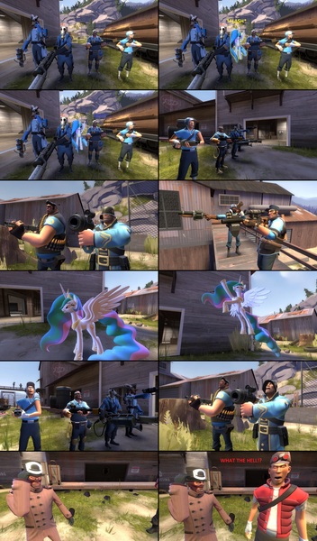 Size: 2728x4648 | Tagged: safe, artist:jackass67, derpibooru import, princess celestia, pony, comic:the crate, crossover, demoman, engineer, heavy weapons guy, medic, pyro, scout, sniper, soldier, spy, team fortress 2
