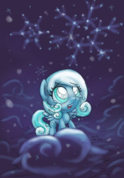 Size: 1400x2000 | Tagged: safe, artist:cazra, derpibooru import, oc, oc:snowdrop, unofficial characters only, pegasus, pony, blind, cloud, cloudy, constellation, female, filly, happy, open mouth, snow, snowbetes, snowfall, solo, stars