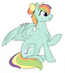 Size: 463x519 | Tagged: safe, artist:mythpony, derpibooru import, oc, oc:calming breeze, unofficial characters only, pegasus, pony, female, mare, offspring, parent:rainbow dash, parent:zephyr breeze, parents:zephdash, simple background, sitting, solo, white background