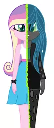 Size: 424x1000 | Tagged: safe, artist:little903, derpibooru import, princess cadance, queen chrysalis, changeling, equestria girls, bracelet, camisole, canterlot, character to character, clothes, digital art, disguise, disguised changeling, duality, equestria girls-ified, fake cadance, jacket, jewelry, pantyhose, princess, shorts, simple background, skirt, smiling, split screen, teeth, transformation, white background