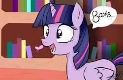 Size: 3000x1957 | Tagged: safe, artist:balloons504, derpibooru import, twilight sparkle, twilight sparkle (alicorn), alicorn, pony, bibliophile, book, bookhorse, cross-eyed, drool, female, golden oaks library, heart, library, mare, open mouth, smiling, solo, that pony sure does love books
