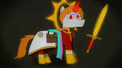 Size: 4500x2500 | Tagged: safe, derpibooru import, princess celestia, oc, oc:edward blaze, pony, clothes, halo, magic, robe, sword, weapon