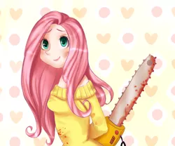 Size: 1800x1500 | Tagged: artist:cosmicponye, blood, breasts, chainsaw, clothes, colored pupils, cute, derpibooru import, female, fluttershed, fluttershy, human, humanized, .mov, murdershy, off shoulder, off shoulder sweater, semi-grimdark, shed.mov, shyabetes, smiling, solo, sweater, sweatershy