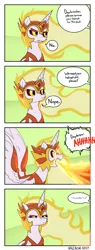 Size: 1000x2645 | Tagged: safe, artist:valcron, derpibooru import, daybreaker, alicorn, pony, a royal problem, angry, comic, female, fire, fire breath, mane of fire, mare, offscreen character, solo, speech bubble