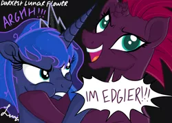 Size: 4823x3445 | Tagged: safe, artist:darkest-lunar-flower, derpibooru import, princess luna, tempest shadow, alicorn, pony, unicorn, my little pony: the movie, angry, black background, broken horn, dialogue, duo, edgy, female, luna vs tempest, mare, simple background, squishy cheeks