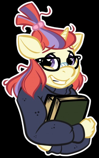 Size: 801x1280 | Tagged: safe, artist:halcy0n, derpibooru import, moondancer, anthro, unicorn, adorkable, black background, book, clothes, cute, dancerbetes, dork, female, glasses, grin, looking at you, mare, simple background, smiling, solo, sweater