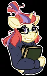 Size: 801x1280 | Tagged: safe, artist:halcy0n, derpibooru import, moondancer, anthro, unicorn, adorkable, black background, book, clothes, cute, dancerbetes, dork, female, glasses, grin, looking at you, mare, simple background, smiling, solo, sweater