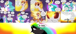 Size: 8000x3600 | Tagged: safe, artist:gatesmccloud, derpibooru import, daybreaker, nightmare moon, princess celestia, starlight glimmer, pony, a royal problem, absurd resolution, badass, comic, duality, epic, here comes the sun, swapped cutie marks