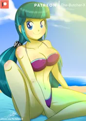 Size: 1204x1696 | Tagged: suggestive, artist:the-butch-x, derpibooru import, juniper montage, equestria girls, movie magic, beach, beach towel, big breasts, bikini, breasts, busty juniper montage, clothes, cute, erect nipples, female, looking at you, missing accessory, ocean, patreon, patreon logo, sexy, smiling, solo, solo female, swimsuit, towel, water