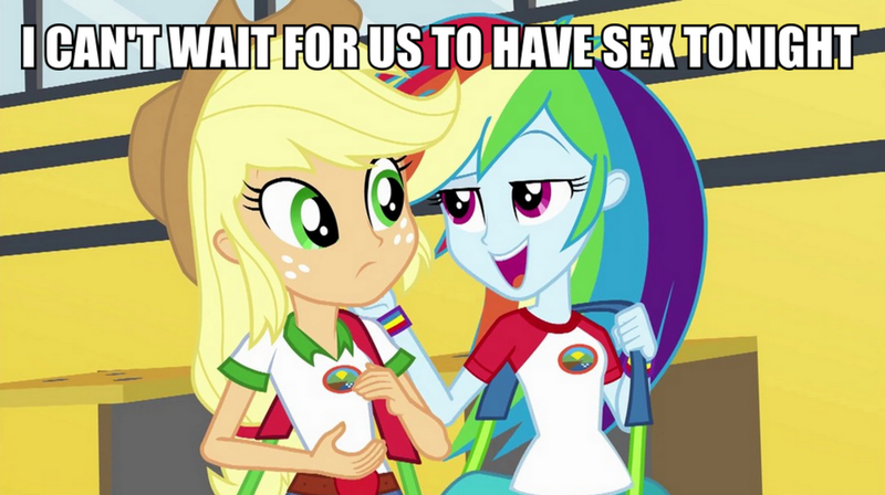 Size: 1000x560 | Tagged: suggestive, derpibooru import, edit, edited screencap, screencap, applejack, rainbow dash, equestria girls, legend of everfree, appledash, bus, caption, clothes, duffle bag, duo, female, freckles, hat, image macro, implied sex, lesbian, meme, open mouth, shipping