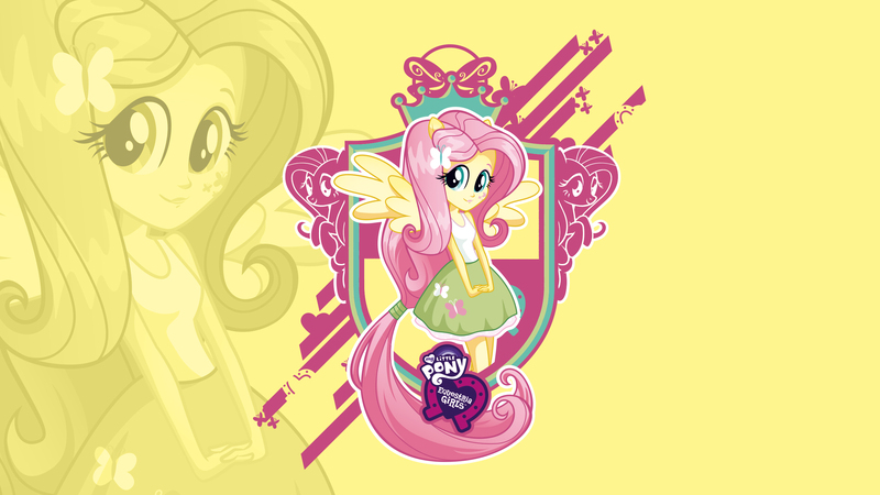 Size: 2560x1440 | Tagged: safe, derpibooru import, official, fluttershy, equestria girls, equestria girls logo, equestria girls plus, heraldry, mlp club, ponied up, solo, wallpaper