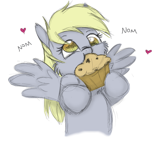 Size: 1344x1257 | Tagged: safe, artist:bri-sta, artist:longren, color edit, derpibooru import, edit, derpy hooves, pegasus, pony, cheek fluff, colored, cute, derpabetes, eating, female, food, heart, hoof hold, mare, muffin, nom, simple background, solo, spread wings, that pony sure does love muffins, transparent background, wings