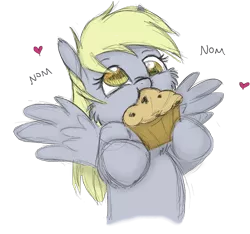 Size: 1344x1257 | Tagged: safe, artist:bri-sta, artist:longren, color edit, derpibooru import, edit, derpy hooves, pegasus, pony, cheek fluff, colored, cute, derpabetes, eating, female, food, heart, hoof hold, mare, muffin, nom, simple background, solo, spread wings, that pony sure does love muffins, transparent background, wings