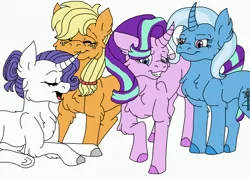 Size: 3562x2568 | Tagged: safe, artist:kaijudragon, derpibooru import, applejack, rarity, starlight glimmer, trixie, earth pony, pony, unicorn, chest fluff, double date, ear fluff, eyes closed, female, fluffy, happy, leg fluff, lesbian, mare, raised hoof, rarijack, shipping, simple background, smiling, startrix, white background