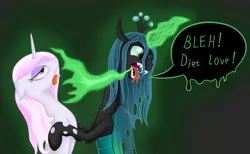 Size: 1280x788 | Tagged: safe, artist:8aerondight8, derpibooru import, fleur-de-lis, queen chrysalis, changeling, changeling queen, pony, unicorn, changeling feeding, dialogue, diet, draining, duo, eyes rolling back, fangs, feeding, female, floppy ears, hoof hold, lidded eyes, love, magic, mare, one eye closed, sharp teeth, teeth, tongue out