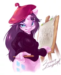 Size: 1505x1837 | Tagged: suggestive, artist:designjh, derpibooru import, princess celestia, rarity, anthro, barbie doll anatomy, beatnik rarity, beret, bottomless, breasts, canvas, clothes, female, hat, pencil, signature, simple background, solo, sweater, white background, wide hips