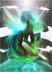 Size: 2757x3840 | Tagged: artist:koveliana, changeling, changeling queen, chromatic aberration, color porn, derpibooru import, fangs, female, glowing horn, queen chrysalis, safe, solo, spread wings, wings