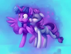 Size: 4000x3000 | Tagged: safe, artist:lilfunkman, derpibooru import, rarity, twilight sparkle, twilight sparkle (alicorn), alicorn, pony, unicorn, blushing, cute, eyes closed, female, floppy ears, heart, kissing, lesbian, nuzzling, painting, raised hoof, raised leg, raribetes, rarilight, shipping, simple background, smiling, spread wings, surprise kiss, surprised, twiabetes, wingboner, wings