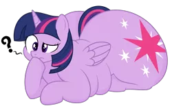 Size: 7000x4333 | Tagged: safe, artist:andelai, artist:worstsousaphonehorse, derpibooru import, twilight sparkle, twilight sparkle (alicorn), alicorn, absurd resolution, belly, fat, female, huge butt, impossibly large butt, large butt, lying, mare, obese, puzzled, question mark, simple background, solo, text, the ass was fat, transparent background, twibutt, twilard sparkle, twilight has a big ass, vector