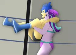 Size: 1600x1163 | Tagged: suggestive, artist:supermaxx92, derpibooru import, flash sentry, starlight glimmer, equestria girls, bikini, bridal carry, carrying, clothes, female, femdom, fight, flashglimmer, shipping, speedo, swimsuit, wrestler, wrestling, wrestling ring