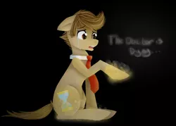 Size: 996x712 | Tagged: dead source, safe, artist:hetaliafangirl88, derpibooru import, doctor whooves, time turner, earth pony, pony, black background, crying, doctor who, dying, floppy ears, i don't want to go, male, necktie, regeneration, sad, simple background, sitting, solo, stallion, tenth doctor, time lord