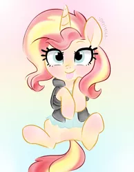 Size: 3100x4000 | Tagged: safe, artist:dressella, derpibooru import, sunset shimmer, pony, unicorn, clothes, cute, dressup, equestria girls outfit, gradient background, heart eyes, jacket, looking at you, shimmerbetes, smiling, solo, tongue out, wingding eyes