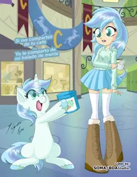 Size: 2550x3300 | Tagged: safe, artist:boastudio, artist:shinta-girl, derpibooru import, oc, oc:frozen rose, unofficial characters only, pony, unicorn, equestria girls, boots, clothes, colored pupils, cute, duo, equestria girls-ified, female, food, happy, hoof hold, ice cream, mare, open mouth, self ponidox, shoes, skirt, socks, spanish, sweater, trade, unshorn fetlocks