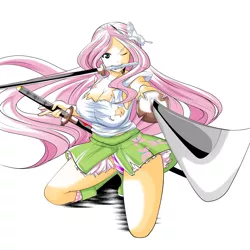 Size: 4000x4000 | Tagged: suggestive, artist:0ryomamikado0, derpibooru import, fluttershy, butterfly, equestria girls, big breasts, breasts, busty fluttershy, cleavage, clothes, erect nipples, female, flutterbadass, hairclip, katana, nipple outline, one eye closed, one piece, panties, reference, ripped, ripped shirt, roronoa zoro, shirt, skirt, skirt lift, solo, solo female, striped underwear, sword, tanktop, torn clothes, underwear, upskirt, weapon
