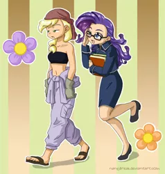 Size: 1181x1240 | Tagged: abstract background, applejack, artist:nancysauria, bandeau, belly button, clothes, cosplay, costume, derpibooru import, duo, female, flower, fullmetal alchemist, glasses, high heels, human, humanized, midriff, rarity, reference, safe, sandals, sheska, shoes, skirt, winry rockbell