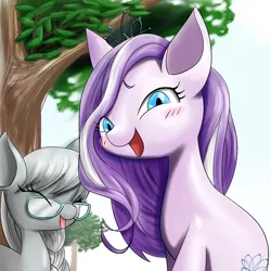 Size: 2000x2000 | Tagged: safe, artist:unousaya, derpibooru import, diamond tiara, silver spoon, earth pony, pony, adorabullies, cute, diamondbetes, duo, eyes closed, female, filly, glasses, laughing, looking at you, missing accessory, silverbetes, tree