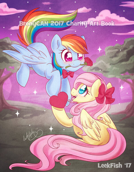 Size: 1024x1317 | Tagged: safe, artist:abbystarling, deleted from derpibooru, derpibooru import, fluttershy, rainbow dash, pegasus, pony, blushing, book, bronycan, charity, cover art, cute, dashabetes, female, flower, flower in mouth, flutterdash, flying, heart, lesbian, mare, marker drawing, mouth hold, open mouth, shipping, shyabetes, traditional art