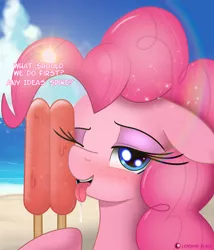 Size: 1200x1400 | Tagged: suggestive, artist:anearbyanimal, artist:lennonblack, derpibooru import, pinkie pie, earth pony, pony, beach, bedroom eyes, blushing, bust, dialogue, female, floppy ears, food, freckles, implied blowjob, implied hemipenis, implied oral, implied sex, implied spike, implying, lens flare, ocean, offscreen character, one eye closed, popsicle, portrait, smiling, solo, solo female, sun, tongue out, trace