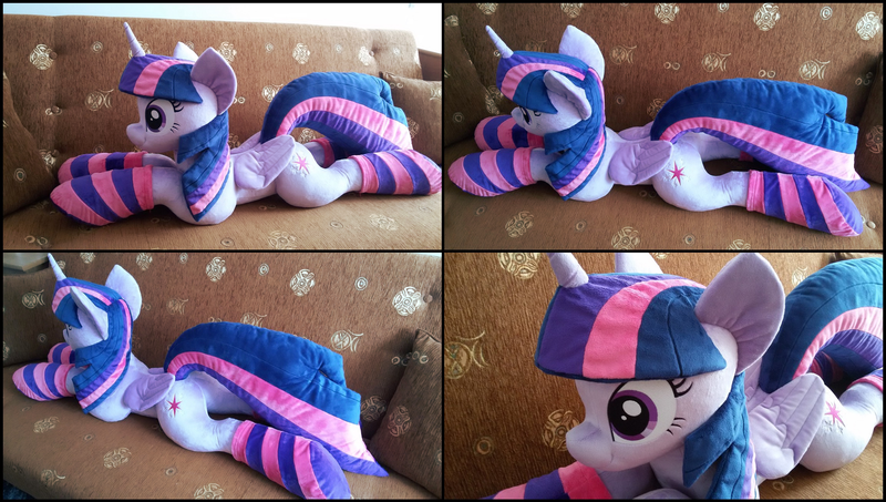 Size: 2309x1308 | Tagged: safe, artist:rosamariposacrafts, derpibooru import, twilight sparkle, twilight sparkle (alicorn), alicorn, pony, clothes, irl, life size, photo, plushie, prone, socks, solo, striped socks