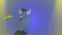 Size: 1280x720 | Tagged: safe, artist:kanashiipanda, derpibooru import, iron will, goat, minotaur, :t, animated, bucktooth, dancing, derp, disco, eating, food, fork, frame by frame, glare, headbang, looking at you, male, muscles, music, open mouth, party, pasta, plate, rave, sauce, scratching, smiling, smirk, sound, spaghetti, spotlight, turntable, vinyl, wat, webm, youtube link
