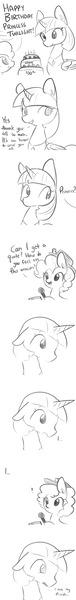 Size: 701x5536 | Tagged: safe, artist:tjpones, derpibooru import, twilight sparkle, twilight sparkle (alicorn), alicorn, earth pony, pony, birthday, birthday cake, cake, comic, dialogue, ear fluff, feels, female, food, grayscale, immortality blues, mare, microphone, monochrome, not pinkie pie, question mark, reporter, sad, simple background, white background