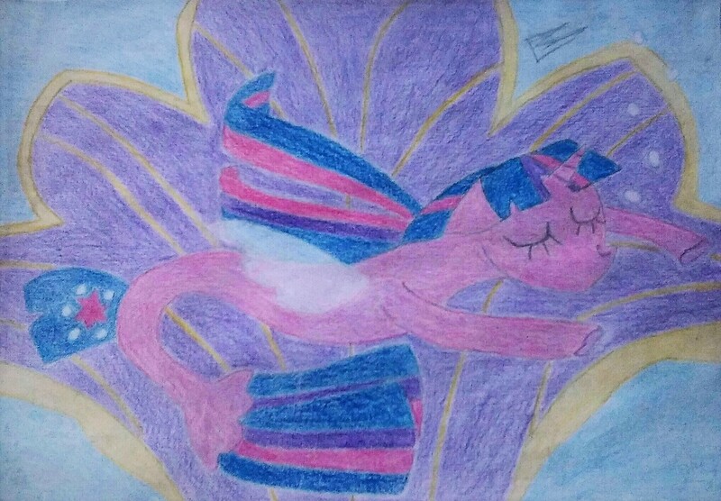 Size: 2032x1411 | Tagged: safe, artist:background-anon-l23, derpibooru import, twilight sparkle, twilight sparkle (alicorn), alicorn, pony, seapony (g4), my little pony: the movie, bubble, eyes closed, pencil drawing, seaponified, seapony twilight, sleeping, solo, species swap, throne, traditional art, underwater, water