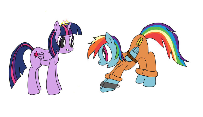 Size: 1024x590 | Tagged: questionable, artist:castlemaid, derpibooru import, rainbow dash, twilight sparkle, twilight sparkle (alicorn), alicorn, pony, bound wings, clothes, handcuffed, jail, jumpsuit, prison outfit, prisoner, prisoner rd