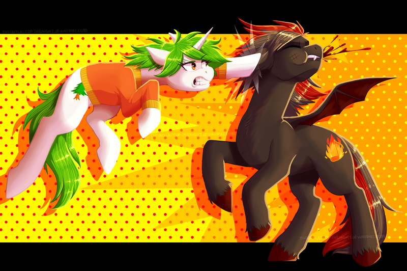 Size: 1600x1063 | Tagged: safe, artist:theoutcastofthenight, derpibooru import, oc, oc:anastasia evergreen, oc:phoenix genevieve, unofficial characters only, bat pony, pony, unicorn, commission, punch