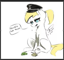 Size: 684x645 | Tagged: safe, artist:anonymous, artist:cowamari, artist:elijah, artist:fuzzpower, deleted from derpibooru, derpibooru import, edit, screencap, oc, oc:luftkrieg, unofficial characters only, pegasus, pony, aryan, aryan pony, blonde, cute, descriptive noise, female, filly, floppy ears, hat, horse noises, lidded eyes, looking down, nazi, nazipone, playing, ponytail, schutzstaffel, selection, simple background, sitting, solo, speech bubble, spread wings, tank (vehicle), toy, white background, wings