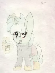 Size: 683x905 | Tagged: safe, artist:slightlyshade, derpibooru import, lyra heartstrings, pony, clothes, drink, hay smoothie, hoodie, magic, solo, telekinesis