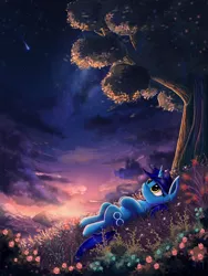 Size: 3500x4643 | Tagged: safe, artist:atlas-66, derpibooru import, oc, oc:windows 8, ponified, unofficial characters only, pony, unicorn, ear fluff, female, grass, heterochromia, lidded eyes, mare, multicolored iris, on back, peaceful, scenery, shooting star, sky, solo, sunset, tree, windows, windows 8