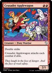 Size: 375x523 | Tagged: safe, derpibooru import, idw, apple bloom, scootaloo, sweetie belle, pony, umbrum, siege of the crystal empire, spoiler:comic37, apple, cutie mark crusaders, food, magic the gathering, trading card, trading card edit, wagon