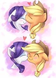 Size: 1197x1657 | Tagged: safe, artist:tcn1205, derpibooru import, applejack, rarity, earth pony, pony, unicorn, blushing, cute, eyes closed, female, heart, jackabetes, kissing, lesbian, mare, raribetes, rarijack, shipping, simple background, smiling