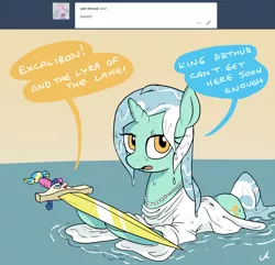 Size: 2100x2024 | Tagged: safe, artist:docwario, derpibooru import, bon bon, lyra heartstrings, sweetie drops, pony, unicorn, ask, askblankbon, bonpun, dialogue, excalibur, female, inanimate tf, king arthur, lady of the lake, lake, lesbian, lyrabon, pun, shipping, speech bubble, sword, transformation, tumblr, weapon, wet clothes, wet mane