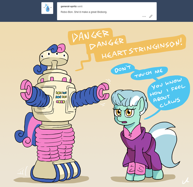 Size: 2100x2038 | Tagged: safe, artist:docwario, derpibooru import, bon bon, lyra heartstrings, sweetie drops, pony, robot, unicorn, ask, askblankbon, bon bot, bonpun, clothes, dialogue, dr smith, female, lesbian, lost in space, lyrabon, pun, shipping, simple background, speech bubble, transformation, tumblr, yellow background