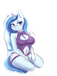 Size: 2344x3125 | Tagged: adorasexy, alicorn, alicorn oc, anthro, anthro oc, artist:mrscurlystyles, blushing, breasts, cleavage, cleavage window, clothes, cute, derpibooru import, female, kneeling, looking at you, mare, navel cutout, oc, oc:princess winter snow, one-piece swimsuit, sexy, simple background, smiling, solo, solo female, suggestive, swimsuit, unofficial characters only