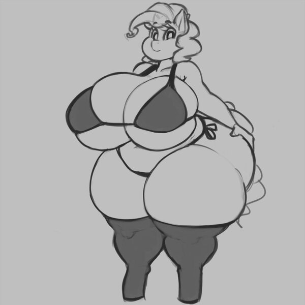 Size: 1000x1000 | Tagged: anthro, artist:phurie, balloonbutt, big breasts, breasts, busty pinkie pie, chubby, derpibooru import, fat, female, grayscale, huge breasts, huge butt, impossibly large breasts, impossibly large butt, large butt, monochrome, pinkie pie, questionable, simple background, solo, solo female, thunder thighs, wide hips